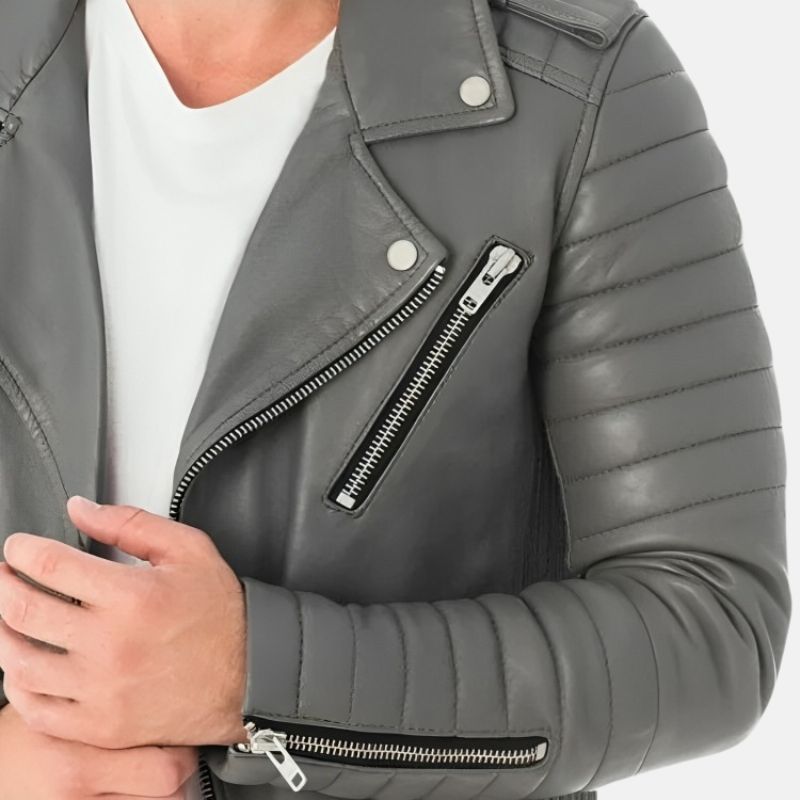 Quilted Leather Grey Motorcycle Jacket For Mens