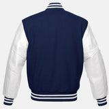 Navy Blue Wool Varsity Jacket With Leather Sleeves For Mens