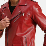 Men's Red Asymmetrical Biker Leather Jacket