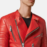 Mens Red Quilted Asymmetrical Leather Jacket