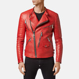 Mens Red Quilted Asymmetrical Leather Jacket