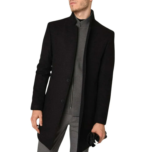 Black Single Breasted Mens Wool Car Coat