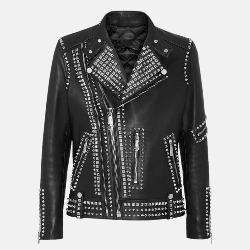 Mens Biker Black Studded Leather Jacket