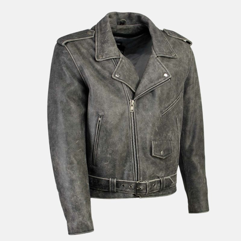 Distressed Grey Asymmetrical Biker Leather Jacket For Mens