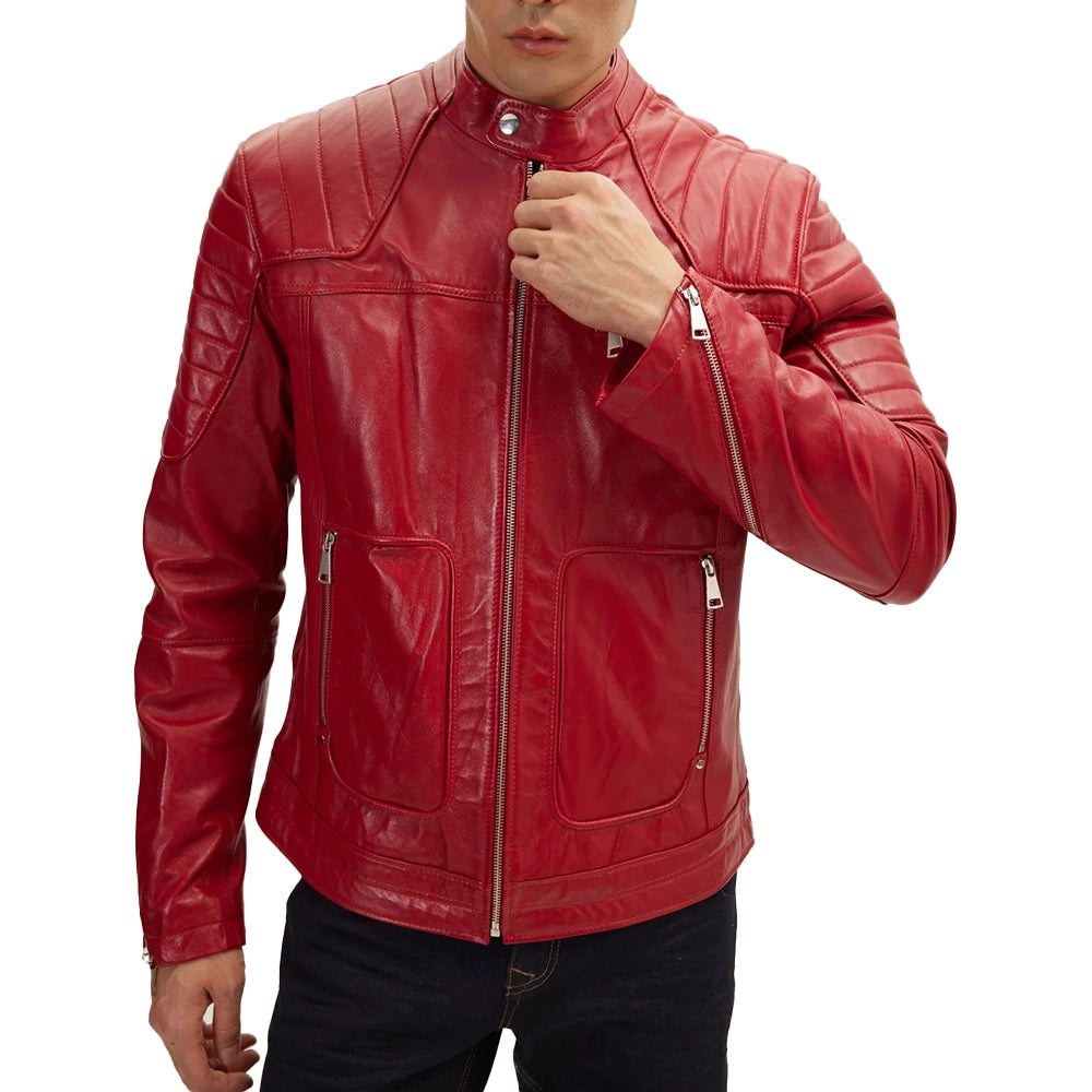 Red Leather Biker Jacket Men's with Quilted Details