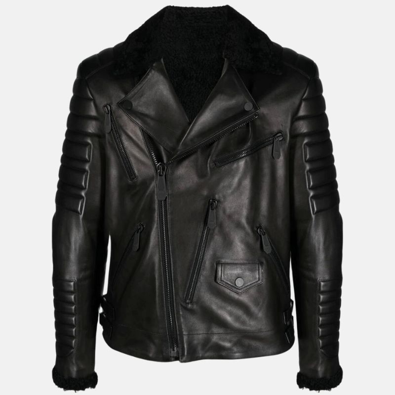 Mens Black Biker Leather Jacket With Fur Collar