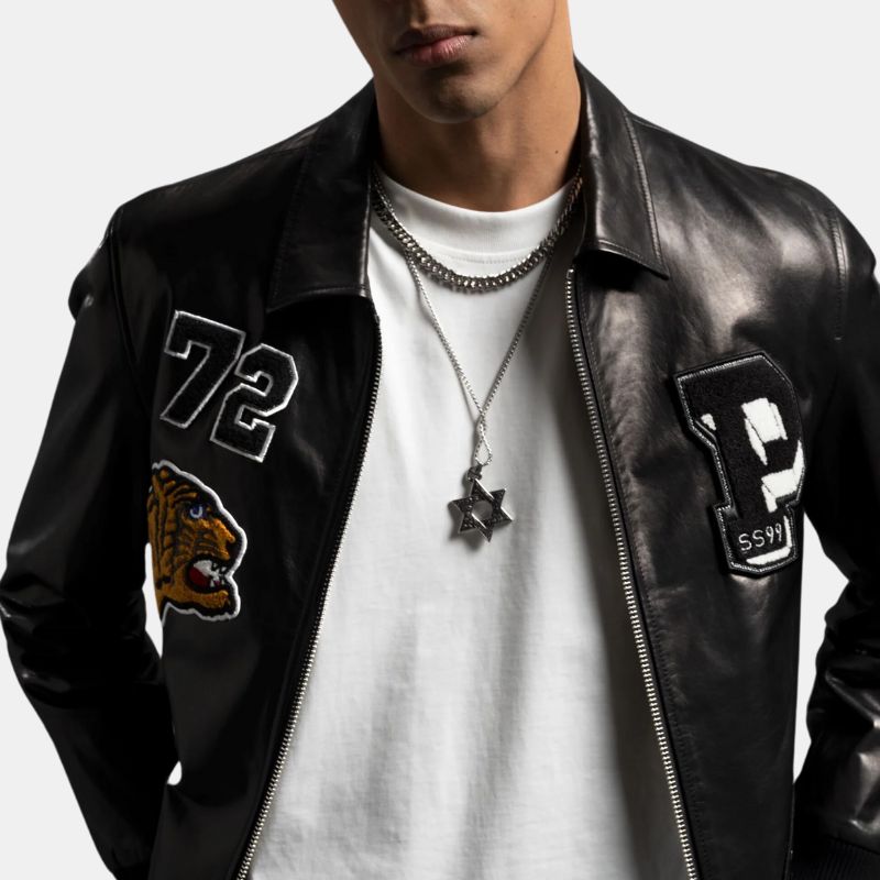 Mens Patched Black Bomber Leather Jacket