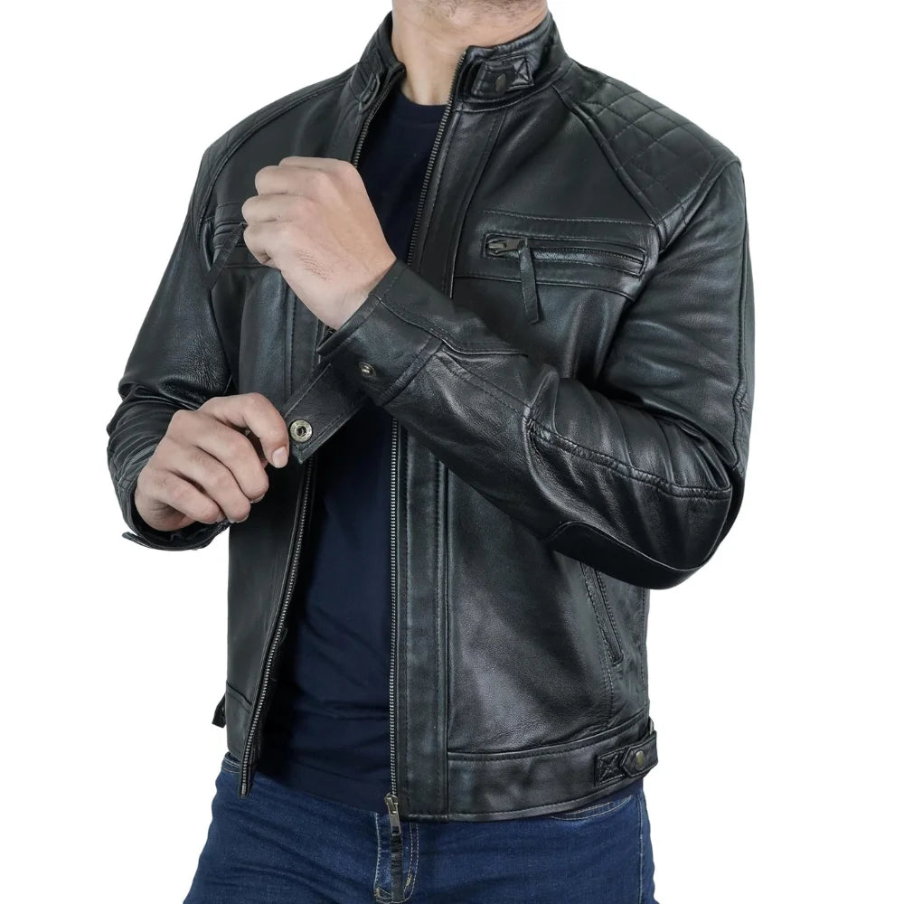 Men's Quilted Shoulder Lambskin Black Leather Moto Jacket