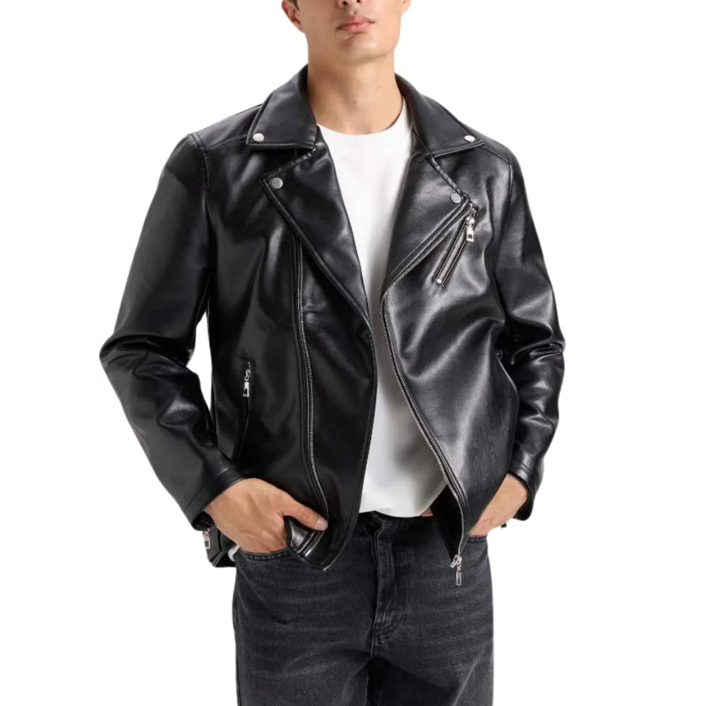 American Polo Collar Black Men Biker Leather Jacket