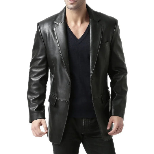 Mens Black Leather Blazer Jacket - Classic Two Button Notch Lapel Leather Blazer