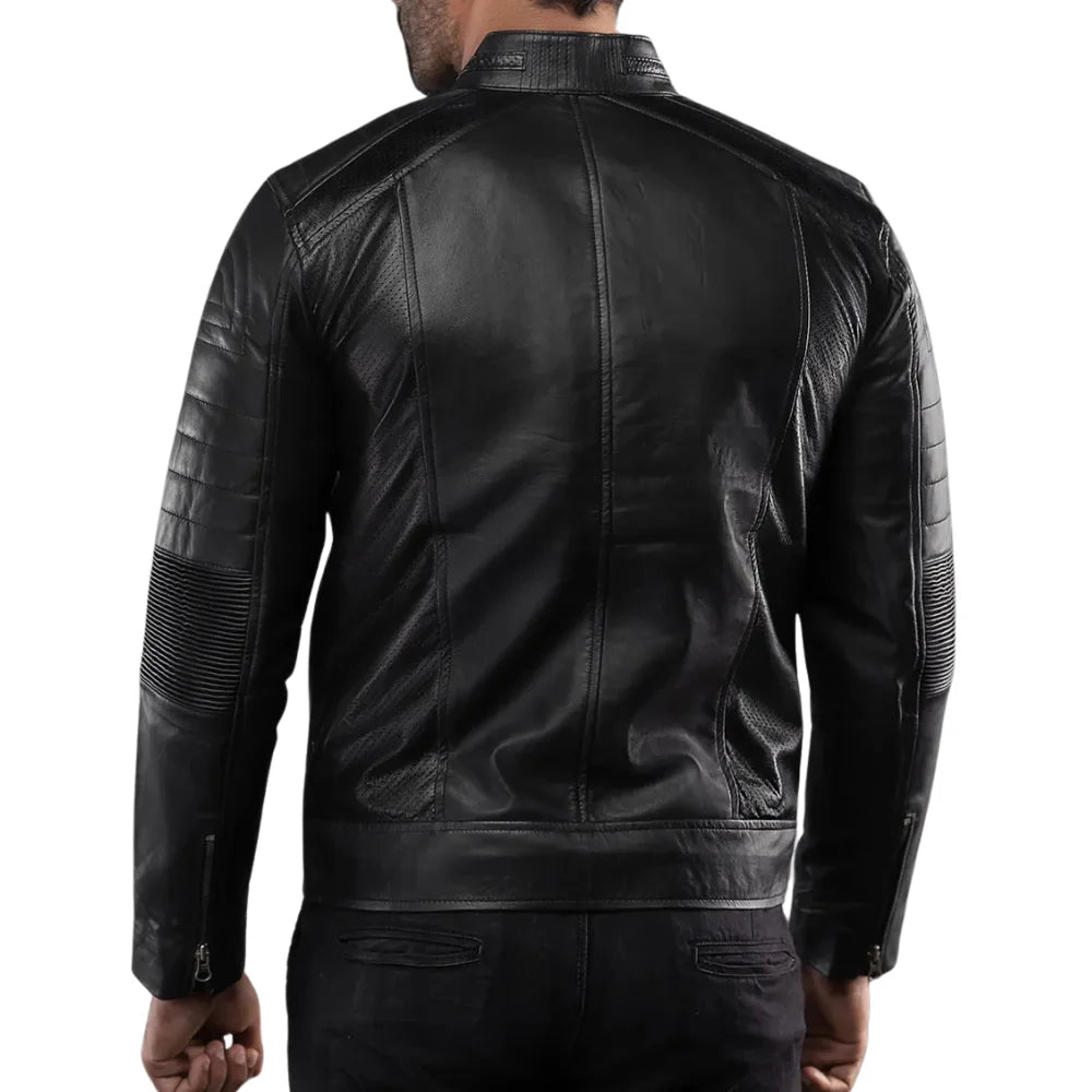 Men's Genuine Lambskin Black Cafe Racer Leather Jacket