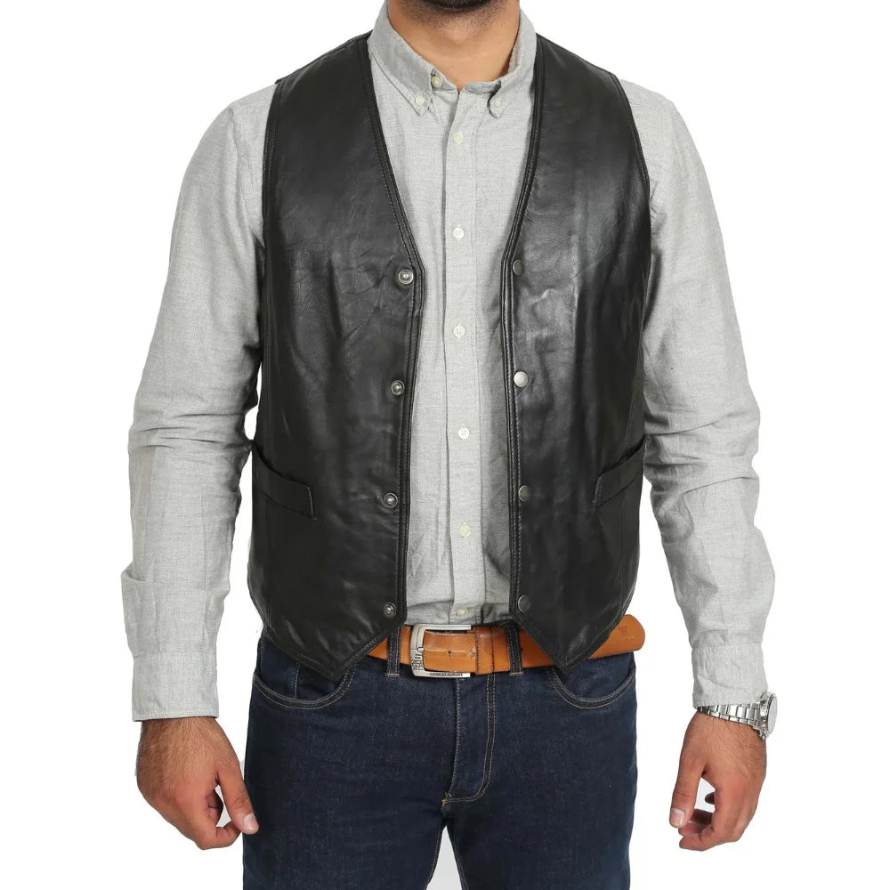 Mens Real Leather Traditional Waistcoat Biker Vest