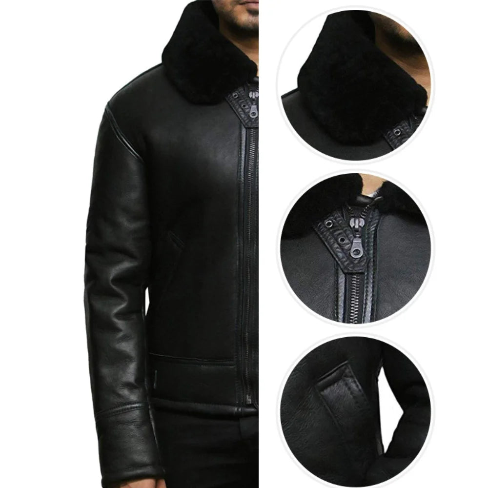 Men’s Sheepskin Fur Shearling Black Leather Jacket