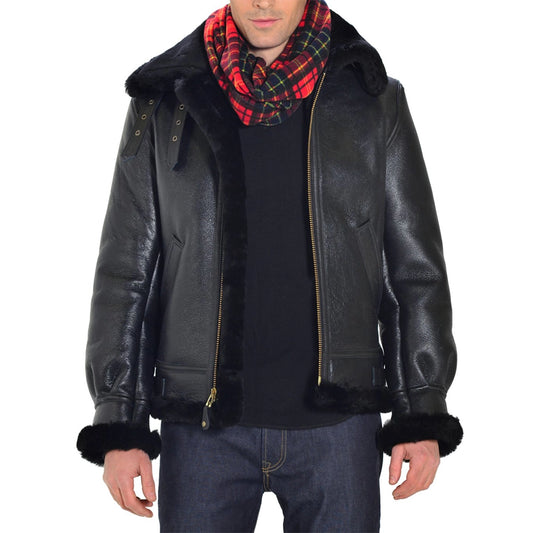 Men's B3 Black Leather Shearling Jacket - Sherpa Winter Jacket