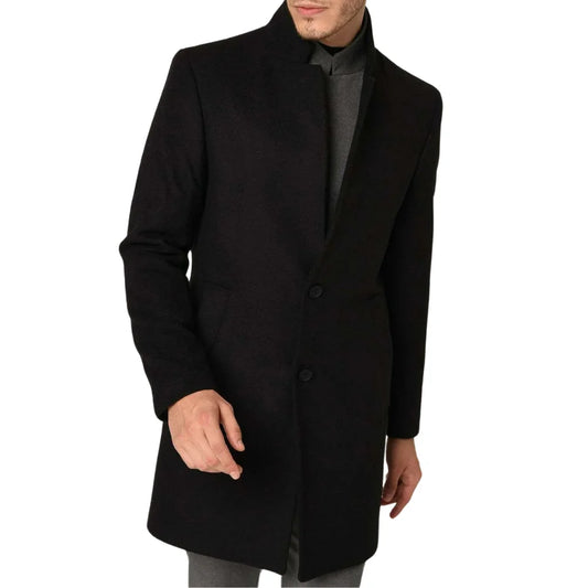 Black Single Breasted Mens Wool Car Coat