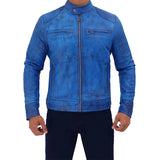 Mens Genuine Lambskin Blue Café Racer Leather Jacket