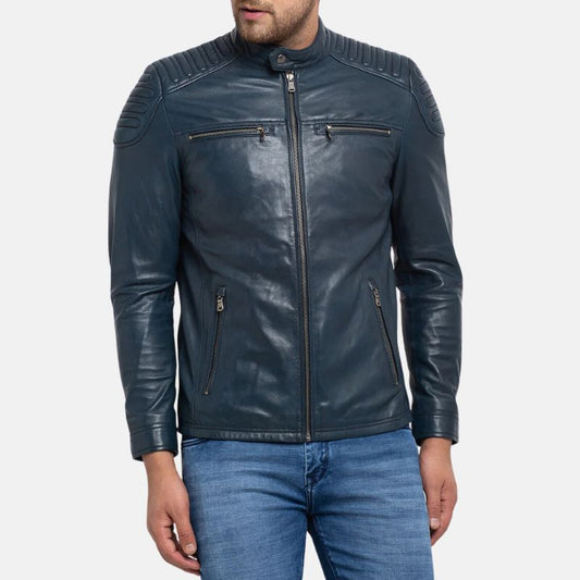 Mens Navy Blue Cafe Racer Leather Jacket