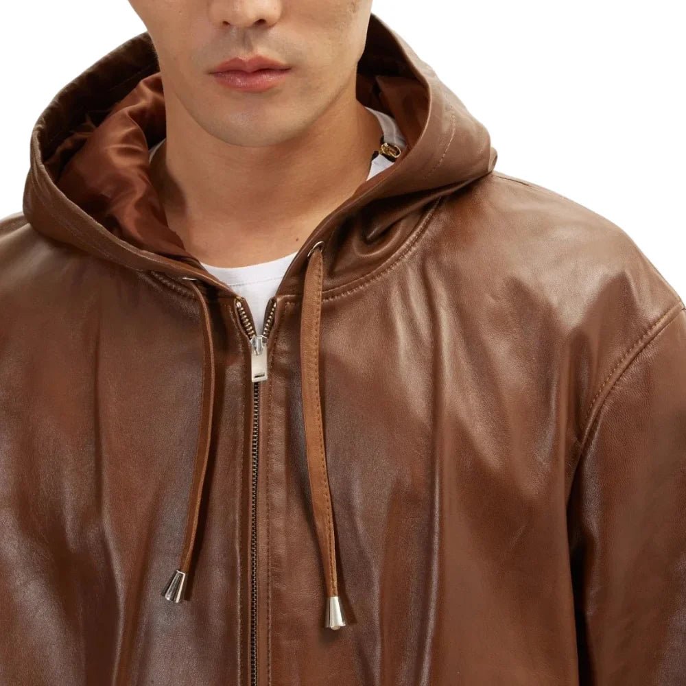 Mens Brown Leather Bomber Jacket with Hood