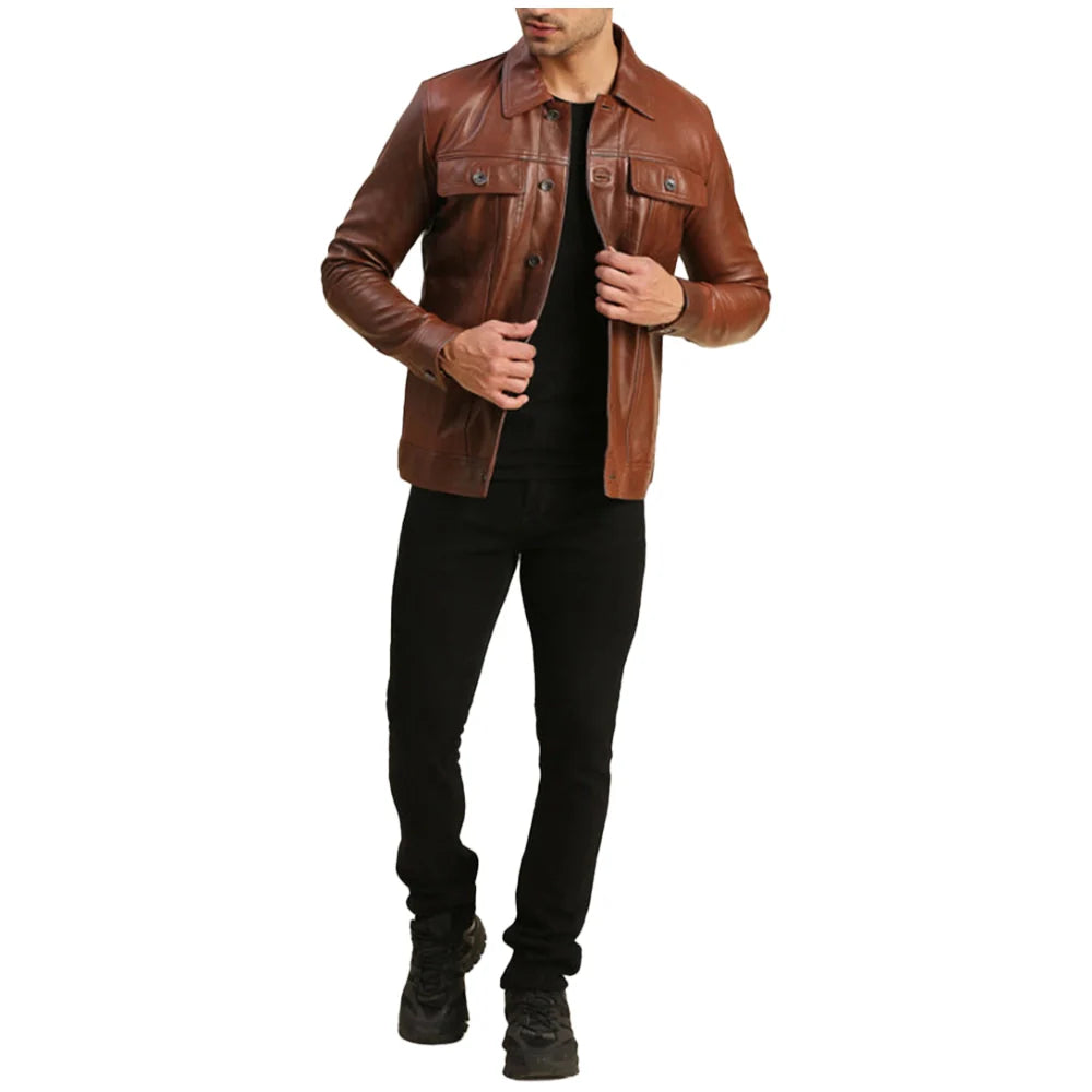 Mens Trucker Leather Brown Moto Jacket