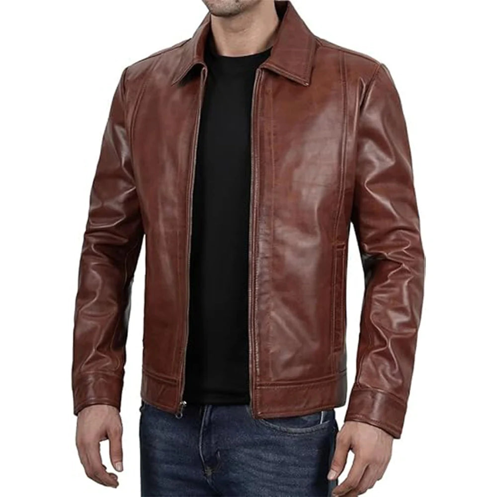 John Brown Leather Jacket With Classic Shirt Collar Men's