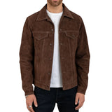 Men's Shirt Collar Dark Brown Suede Leather Trucker Jacket