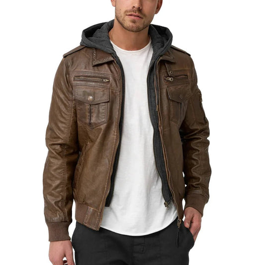 Mens Dark Brown Leather Bomber Jacket With Removable Hood