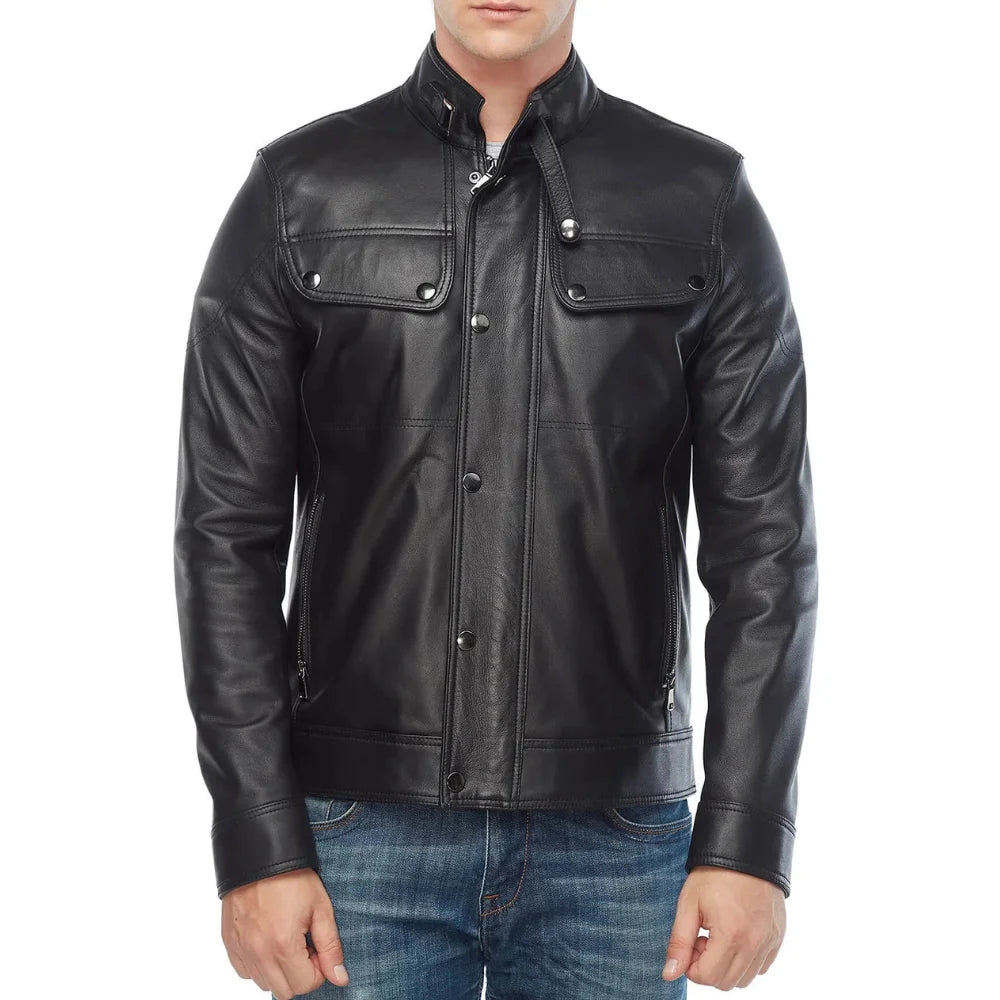 Men’s Double Pockets Black Leather Biker Jacket