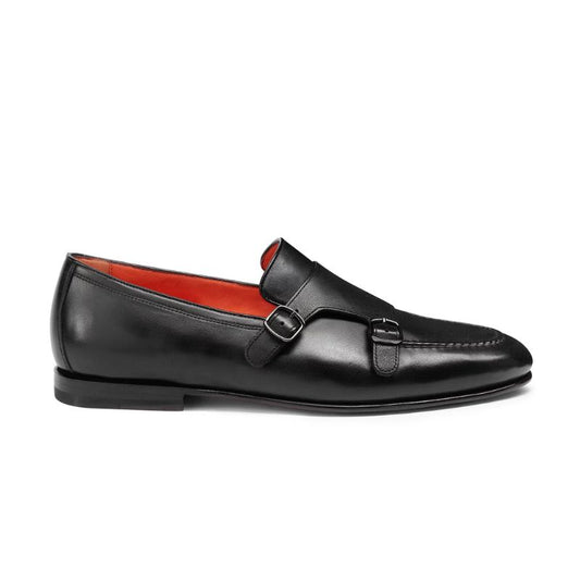 Mens Double Monk Strap Black Leather Loafers