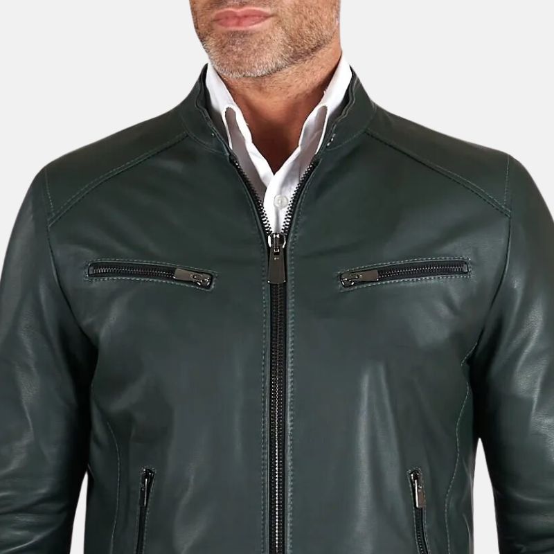 Vintage Green Snap Tap Leather Cafe Racer Jacket