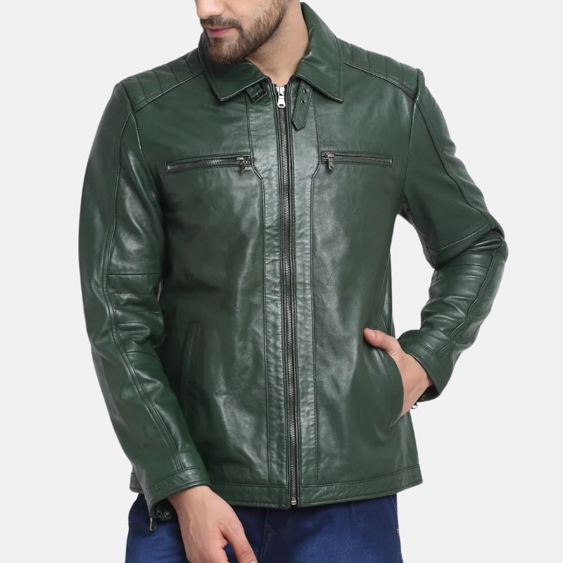 Mens Green Leather Jacket With Shirt Collar