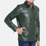 Mens Green Leather Jacket With Shirt Collar