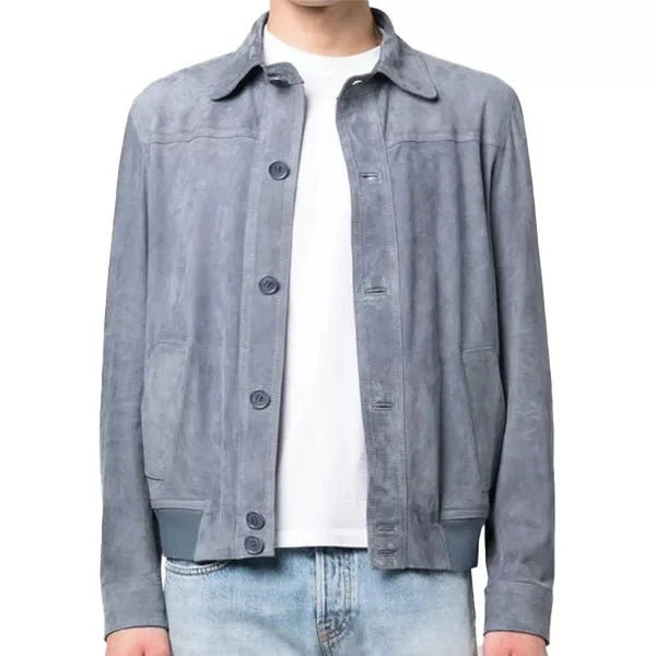 Mens Grey Suede Bomber Jacket