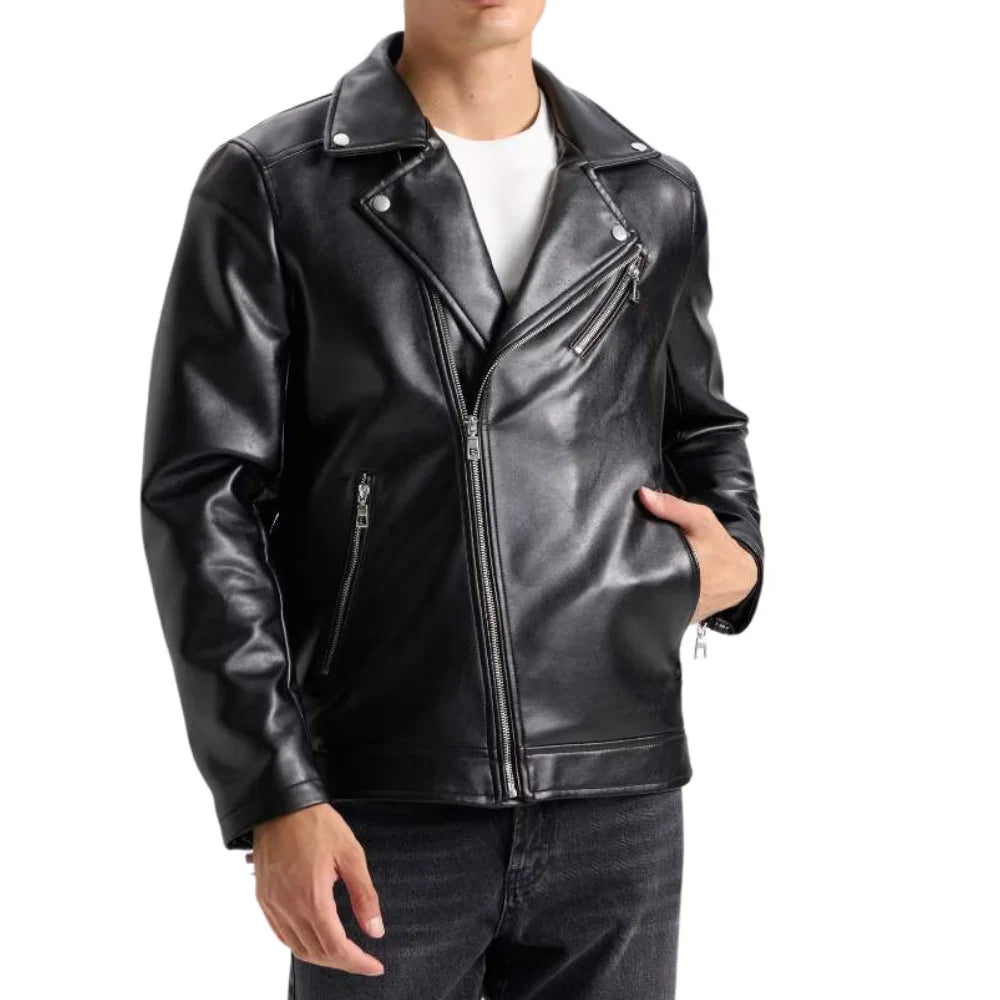 American Polo Collar Black Men Biker Leather Jacket