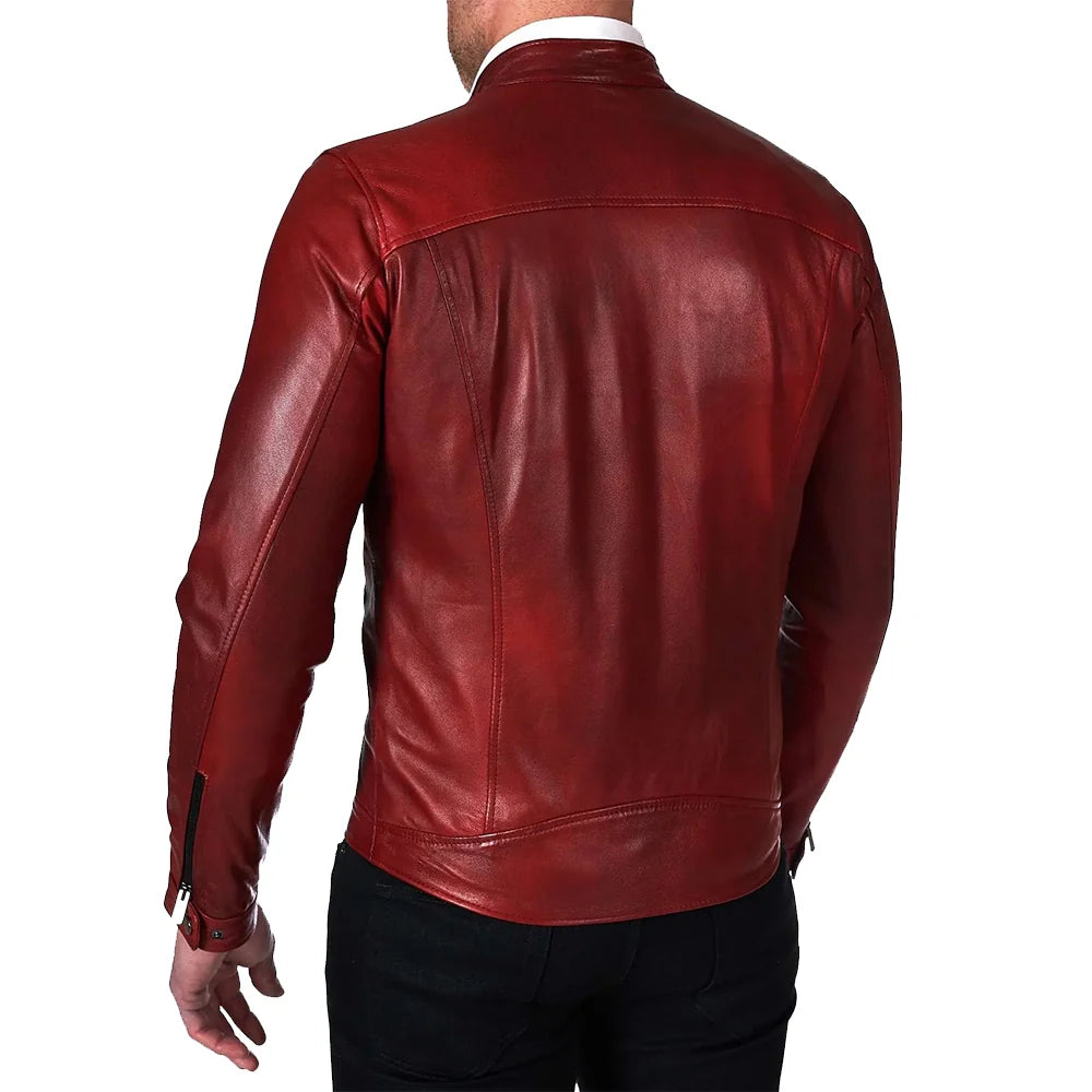 Mens Rich Burgundy Leather Biker Jacket