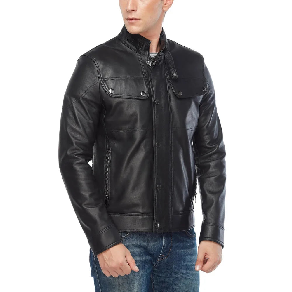 Men’s Double Pockets Black Leather Biker Jacket