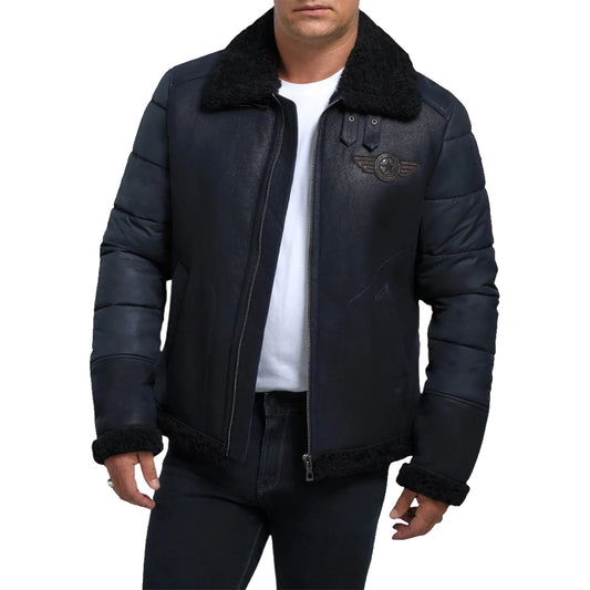 Men's Blue B3 RAF Aviator Sheepskin Shearling Leather Jacket