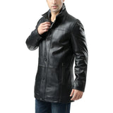 Alberto Men's Lambskin Black Leather Car Coat - 3/4 Length Coat