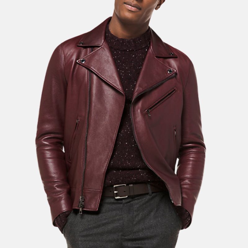 Mens Maroon Asymmetrical Leather Biker Jacket