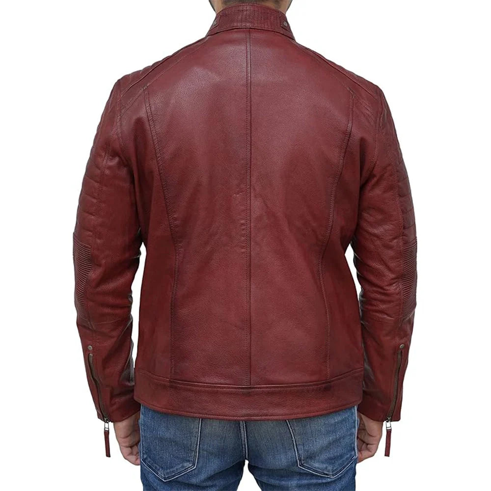 Mens Motorcycle Quilted Maroon Leather Jacket