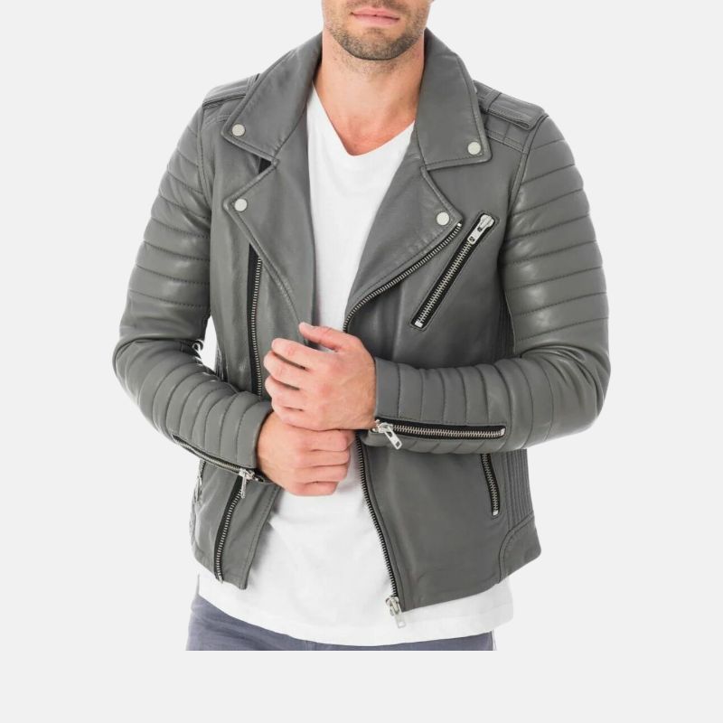 Mens Motorcycle Grey Leather Jacket