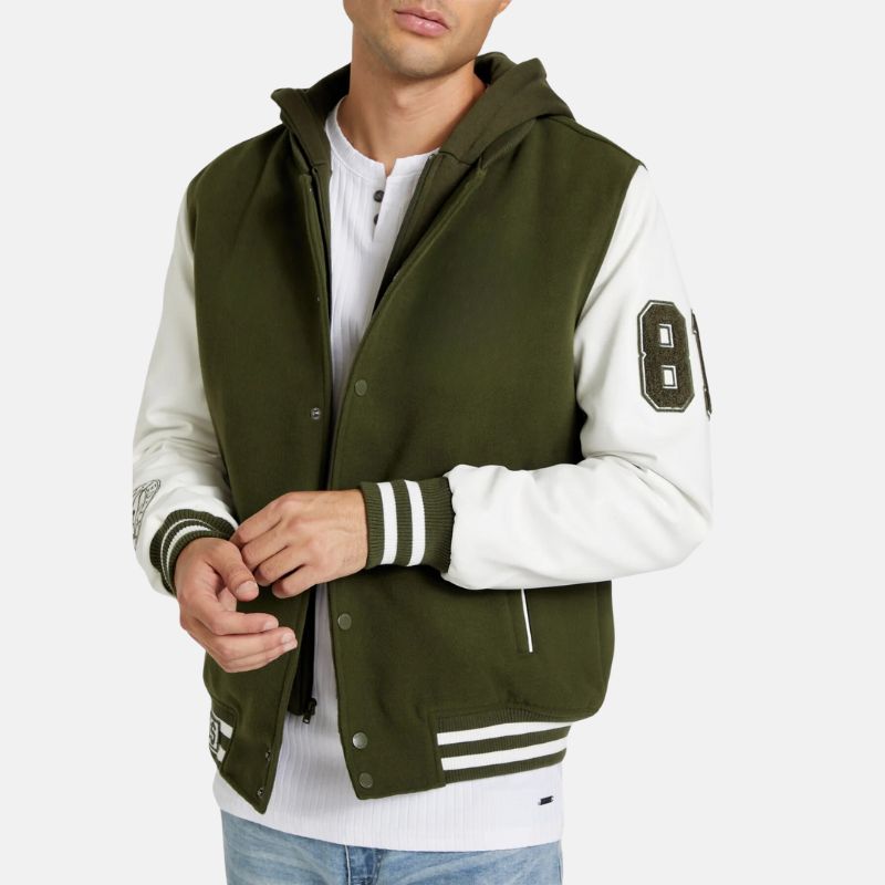 Olive Green Removable Hood Wool Bomber Varsity Jacket