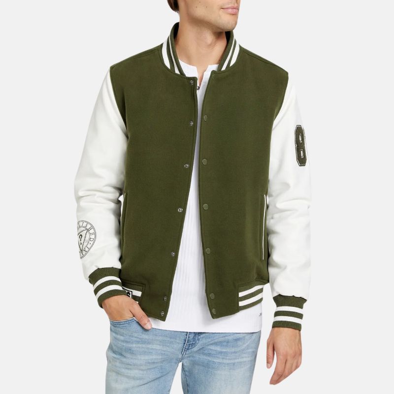 Mens Olive Green Wool Varsity Jacket