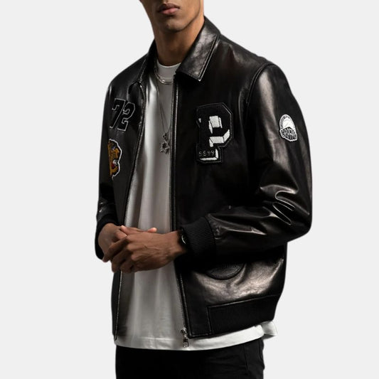 Mens Patched Black Bomber Leather Jacket