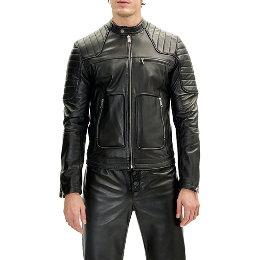 Mens Piping Detail Black Cafe Racer Leather Jacket