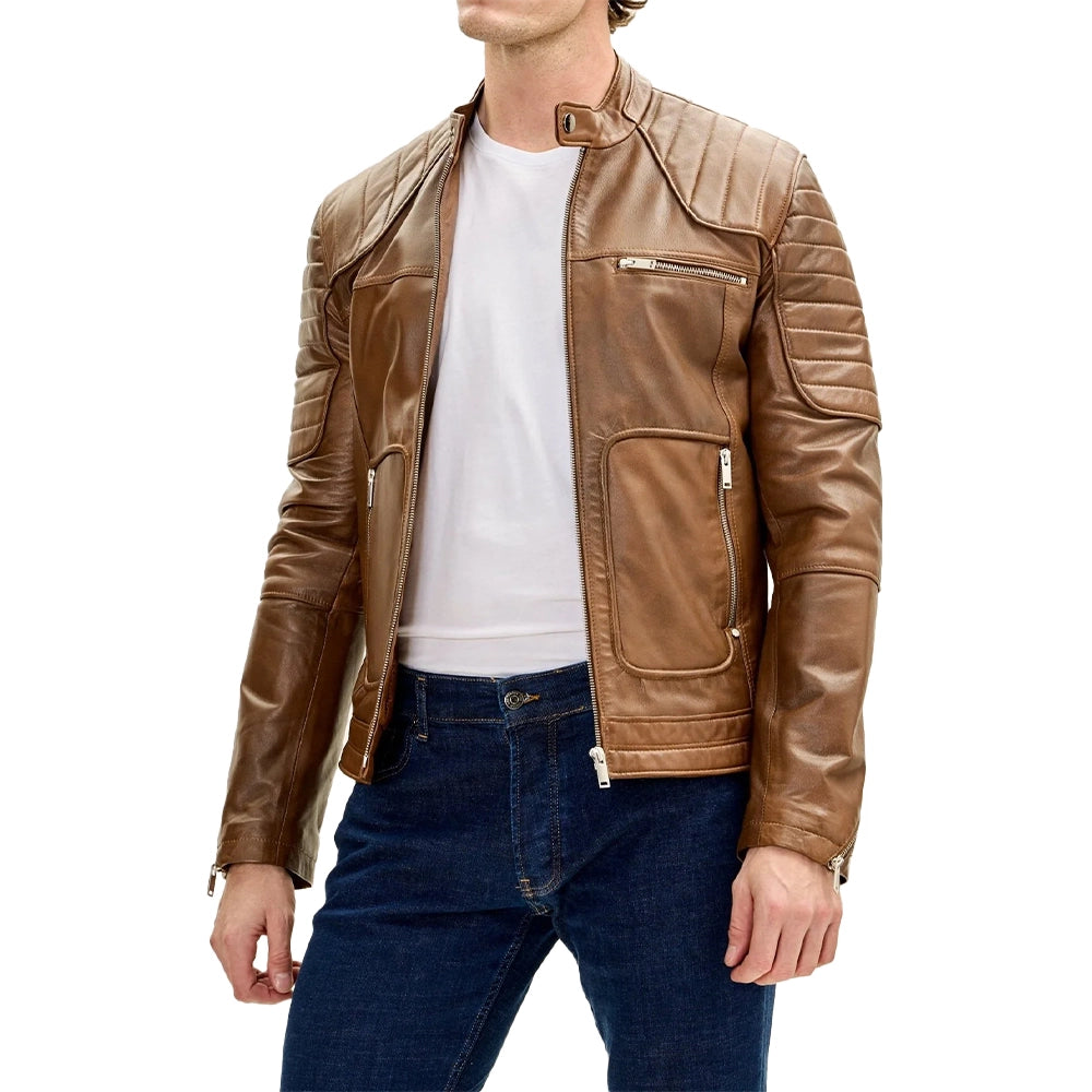 Men's Brown Moto Leather Jacket with Piping Details