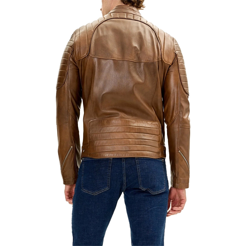 Men's Brown Moto Leather Jacket with Piping Details