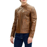 Men's Brown Moto Leather Jacket with Piping Details