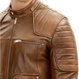 Men's Brown Moto Leather Jacket with Piping Details