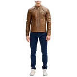 Men's Brown Moto Leather Jacket with Piping Details