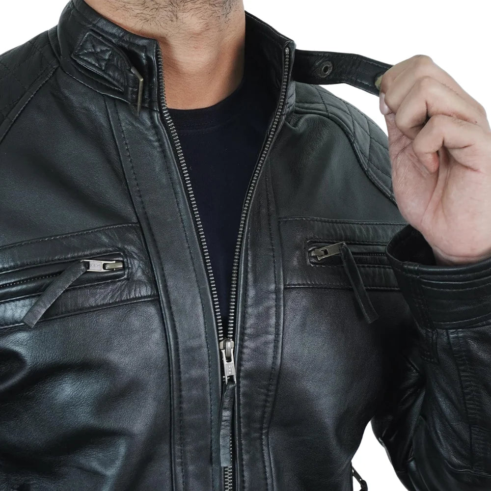 Men's Quilted Shoulder Lambskin Black Leather Moto Jacket